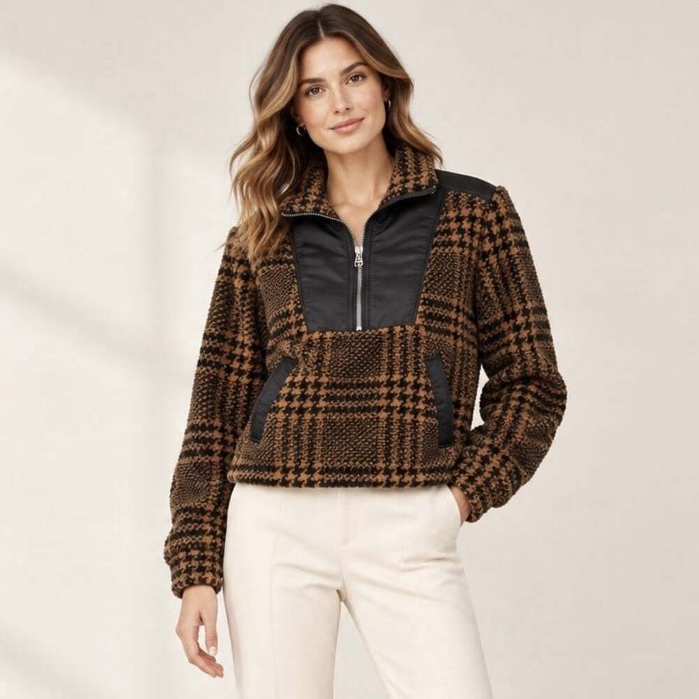 Veronica Beard Noora Faux Sheerling Pullover M Plaid Houndstooth 1/2 Zip Brown
